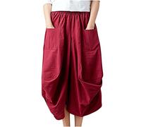 Cotton Linen Maxi Skirt for Women UK Loose Tight Midi Lantern Skirt Elegant Gypsy Skirt Cargo Skirts with Pockets Solid Color Baggy Y2K Hippie Skirt Clearance Summer Casual Skirt Wine
