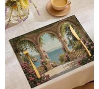 Cotton Linen natural scenery Placemats,Rustic Fall Dining Table Mats for Kitchen Table Decoration Indoor Outdoor,Washable American-style architectural archway ocean Place Mats Set of 2,45x30cm