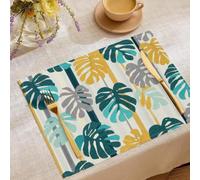 Cotton Linen Nordic Instagram style Placemats,Rustic Fall Dining Table Mats for Kitchen Table Decoration Indoor Outdoor,Washable Monstera leaves and striped patterns Place Mats Set of 6,45x30cm