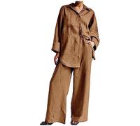 Cotton Linen Outfits For Women 2 Piece Sets Oversized Long Sleeve Shirts Trousers Suits Loose Outfits Solid Button Down Blouse Pants Co-ord Sets Ladies Elegant Casual Outfit Holiday Khaki 3XL