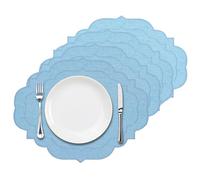 Cotton Linen Oval Placemats Set of 4, HADEEONG Table Mats Cloth Placemats, Washable Wrinkle Resistance, Scalloped & Embroidered Fabric Placemats, 17.71 x 13.77inch (Sky Blue, 4)
