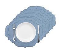 Cotton Linen Oval Placemats Set of 4, HADEEONG Table Mats Cloth Placemats, Washable Wrinkle Resistance, Scalloped & Embroidered Fabric Placemats, 17.71 x 13.77inch (Sky Blue, 4)