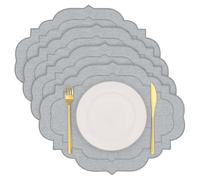 Cotton Linen Oval Placemats Set of 4, HADEEONG Table Mats Cloth Placemats, Washable Wrinkle Resistance, Scalloped & Embroidered Fabric Placemats, 17.71 x 13.77inch (Light Grey, 4)