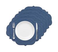 Cotton Linen Oval Placemats Set of 4, HADEEONG Table Mats Cloth Placemats, Washable Wrinkle Resistance, Scalloped & Embroidered Fabric Placemats, 17.71 x 13.77 inch (Navy Blue, 4)