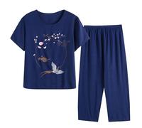 Cotton Linen Pajama Pants Elastic Waist Set 2 Pcs/set Clearance Mid-aged Women Pajamas O Neck Floral Printed Short Sleeve Pleated Loose Fit Ladies Capri Pyjama Sets Short Love Cropped Pjs XL-4XL