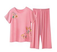 Cotton Linen Pajama Pants Elastic Waist Set 2 Pcs/set Clearance Mid-aged Women Pajamas O Neck Floral Printed Short Sleeve Pleated Loose Fit Ladies Capri Pyjama Sets Short Love Cropped Pjs XL-4XL
