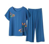 Cotton Linen Pajama Pants Elastic Waist Set 2 Pcs/set Clearance Mid-aged Women Pajamas O Neck Floral Printed Short Sleeve Pleated Loose Fit Ladies Capri Pyjama Sets Short Love Cropped Pjs XL-4XL