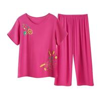 Cotton Linen Pajama Pants Elastic Waist Set 2 Pcs/set Clearance Mid-aged Women Pajamas O Neck Floral Printed Short Sleeve Pleated Loose Fit Ladies Capri Pyjama Sets Short Love Cropped Pjs XL-4XL