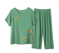 Cotton Linen Pajama Pants Elastic Waist Set 2 Pcs/set Clearance Mid-aged Women Pajamas O Neck Floral Printed Short Sleeve Pleated Loose Fit Ladies Capri Pyjama Sets Short Love Cropped Pjs XL-4XL