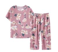 Cotton Linen Pajama Pants Elastic Waist Set 2 Pcs/set Sale Clearance Mid-aged Women Pajamas O Neck Floral Printed Short Sleeve Pleated Loose Fit Ladies Capri Pyjama Sets Short Love Cropped Pjs XL-4XL