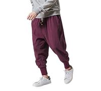 Cotton Linen Pants for Men, Men's Drop Crotch Joggers Tracksuit Bottoms Solid Elasticated Waist Harem Pants Baggy Stretch Hippie Dancing Bloomers Yoga Trousers Sweatpants with Drawstring Red