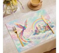 Cotton Linen Phoenix,rainbow,castle Placemats,Rustic Fall Dining Table Mats for Kitchen Table Decoration Indoor Outdoor,Washable Dreamy Fairy Tale Fantasy Scenery Place Mats Set of 6,45x30cm