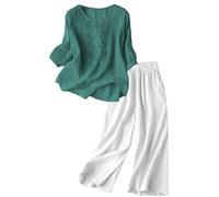 Cotton Linen Sets for Women Loose Embroidered Top and Drawstring Elasticated Waist Wide Leg Trousers for Women UK Two Piece Set Summer Beach Lounge Homewear Sets Tracksuits(Green,XL)