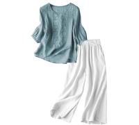 Cotton Linen Sets for Women Loose Embroidered Top and Drawstring Elasticated Waist Wide Leg Trousers for Women UK Two Piece Set Summer Beach Lounge Homewear Sets Tracksuits(Mint Green,XL)