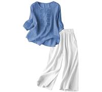 Cotton Linen Sets for Women Loose Embroidered Top and Drawstring Elasticated Waist Wide Leg Trousers for Women UK Two Piece Set Summer Beach Lounge Homewear Sets Tracksuits(Blue,L)