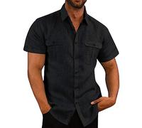 Cotton Linen Shirts for Men - Short Sleeve Button Down Hawaiian Shirts - Regular Fit, Solid Henley with Pocket - UK Size 8-22, Clearance