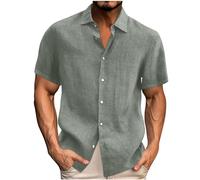 Cotton Linen Shirts for Men UK Plain Casual Short Sleeve Linen Tops Stand Collared Button Down Loose Fit Lightweight Tees Shirts Holiday Clothes