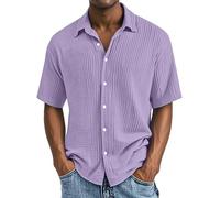 Cotton Linen Shirts for Men UK, Solid Double Crepe Shirts Short Sleeved, Mens Casual Button Down Lapel Shirt, Comfy Soft Loose Tshirts for Men Adult, Lightweight Thin Summer Holiday Tops Purple