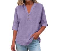 Cotton Linen Shirts for Women 3/4 Sleeve V Neck Blouse Solid Baggy Button T-Shirt Loose Casual Ladies Tops Trendy Lightweight Dressy Blouses Going Out Tunic Tops Purple