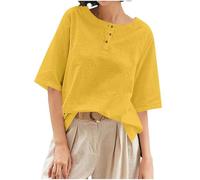 Cotton Linen Shirts for Women Summer Button Crewneck Short Sleeve T-Shirts BDressy Casual Beach Boho Cute Blouses Loose Tees Soft Comfy Pullover Streetwear Basic Going Out Tops