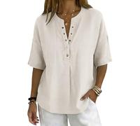 Cotton Linen Shirts for Women Summer Short Sleeve Button Down Scoop Neck Tops Dressy Trendy Solid Color Linen Blouse Comfy Lightweight Loose Beach T-Shirt Baggy Lounge Tunic Shirt for Daily Wear 2026