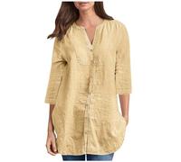 Cotton Linen Shirts for Women UK Clearance Ladies V Neck Button Down Blouse Half Sleeve Tunic Tops Summer Casual Loose Tees Shirt Basic Long Length Going Out Top Khaki