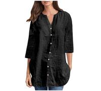 Cotton Linen Shirts for Women UK Clearance Ladies V Neck Button Down Blouse Half Sleeve Tunic Tops Summer Casual Loose Tees Shirt Basic Long Length Going Out Top Black