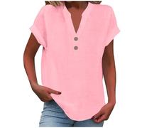 Cotton Linen Shirts for Women UK Clearance Summer Short Sleeve Tee Tunic Fashion Button Down V Neck Blouses Solid Color Loose Fit Tops Lightweight Comfy Vacation Clothes