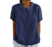 Cotton Linen Shirts for Women with Pocket Summer Short Sleeve Casual Collared Work Blouse Tunic Tops Navy