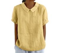 Cotton Linen Shirts for Women with Pocket Summer Short Sleeve Casual Collared Work Blouse Tunic Tops Yellow