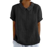 Cotton Linen Shirts for Women with Pocket Summer Short Sleeve Casual Collared Work Blouse Tunic Tops Black