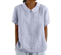 Cotton Linen Shirts for Women with Pocket Summer Short Sleeve Casual Collared Work Blouse Tunic Tops Sky Blue