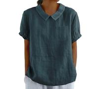 Cotton Linen Shirts for Women with Pocket Summer Short Sleeve Casual Collared Work Blouse Tunic Tops Dark Green