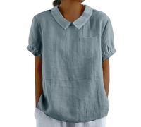 Cotton Linen Shirts for Women with Pocket Summer Short Sleeve Casual Collared Work Blouse Tunic Tops Cyan