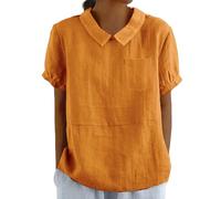 Cotton Linen Shirts for Women with Pocket Summer Short Sleeve Casual Collared Work Blouse Tunic Tops Orange
