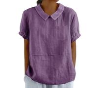 Cotton Linen Shirts for Women with Pocket Summer Short Sleeve Casual Collared Work Blouse Tunic Tops Purple