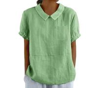 Cotton Linen Shirts for Women with Pocket Summer Short Sleeve Casual Collared Work Blouse Tunic Tops Green