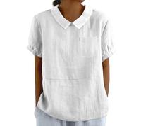 Cotton Linen Shirts for Women with Pocket Summer Short Sleeve Casual Collared Work Blouse Tunic Tops White