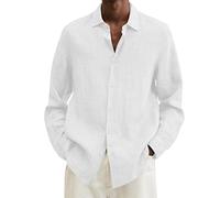 Cotton Linen Shirts Men Long Sleeved Loose Fit Casual Solid Shirt Lightweight Button Down Standing Collar Shirts Breathable Comfort Classic Fit Polo Shirt Casual Fashionable Plus Size Shirt White