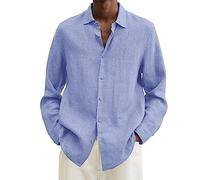 Cotton Linen Shirts Men Long Sleeved Loose Fit Casual Solid Shirt Lightweight Button Down Standing Collar Shirts Breathable Comfort Classic Fit Polo Shirt Casual Fashionable Plus Size Shirt