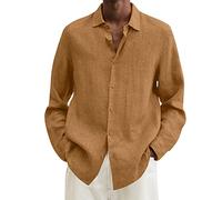 Cotton Linen Shirts Men Long Sleeved Loose Fit Casual Solid Shirt Lightweight Button Down Standing Collar Shirts Breathable Comfort Classic Fit Polo Shirt Casual Fashionable Plus Size Shirt Khaki