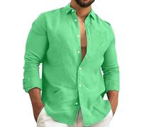 Cotton Linen Shirts Men - Long-Sleeved Shirts Regular-Fit Business Work Shirts Button Down Shirts Holiday Beach Tops Simple Casual Shirt Plain Color Top Lightweight Walking Hiking Shirt S-3Xl Green