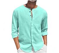 Cotton Linen Shirts Men Regular Fit Long Sleeve Shirts Beach Shirt Tops Button Down Shirts Spring Summer Casual Shirts Collarless Grandad Shirts Tops With Rolled Sleeve Pullover Blouse Green M