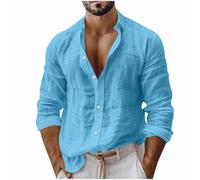 Cotton Linen Shirts Men UK, Plain Tshirts for Man Spring Summer Long Sleeve Tops Breathable Oversized Loose Fit Tee Shirt Solid Color Lapel Collar Work Top Mens Trendy Plus Size S-XXL Sky Blue