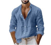 Cotton Linen Shirts Men UK, Plain Tshirts for Man Spring Summer Long Sleeve Tops Breathable Oversized Loose Fit Tee Shirt Solid Color Lapel Collar Work Top Mens Trendy Plus Size S-XXL Navy