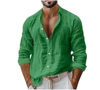 Cotton Linen Shirts Men UK, Plain Tshirts for Man Spring Summer Long Sleeve Tops Breathable Oversized Loose Fit Tee Shirt Solid Color Lapel Collar Work Top Mens Trendy Plus Size S-XXL Army Green