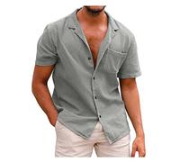 Cotton Linen Shirts Men UK Sale Clearance Loose Fit Retro Casual Blouse Tops Short Sleeve V Neck Beach Summer Hawaiian Grandad Shirt Cotton Linen T Shirts Sports Fitness Muscle Tees Gray