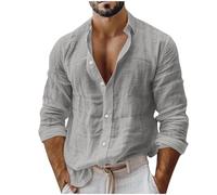Cotton Linen Shirts Men UK Sale, Plain Tshirts for Man Spring Summer Long Sleeve Tops Breathable Oversized Loose Fit Tee Shirt Solid Color Lapel Collar Work Top Mens 2025 Trendy Plus Size S-XXL