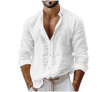 Cotton Linen Shirts Men UK Sale, Plain Tshirts for Man Spring Summer Long Sleeve Tops Breathable Oversized Loose Fit Tee Shirt Solid Color Lapel Collar Work Top Mens 2025 Trendy Plus Size S-XXL