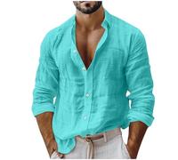 Cotton Linen Shirts Men UK Sale, Plain Tshirts for Man Spring Summer Long Sleeve Tops Breathable Oversized Loose Fit Tee Shirt Solid Color Lapel Collar Work Top Mens 2025 Trendy Plus Size S-XXL